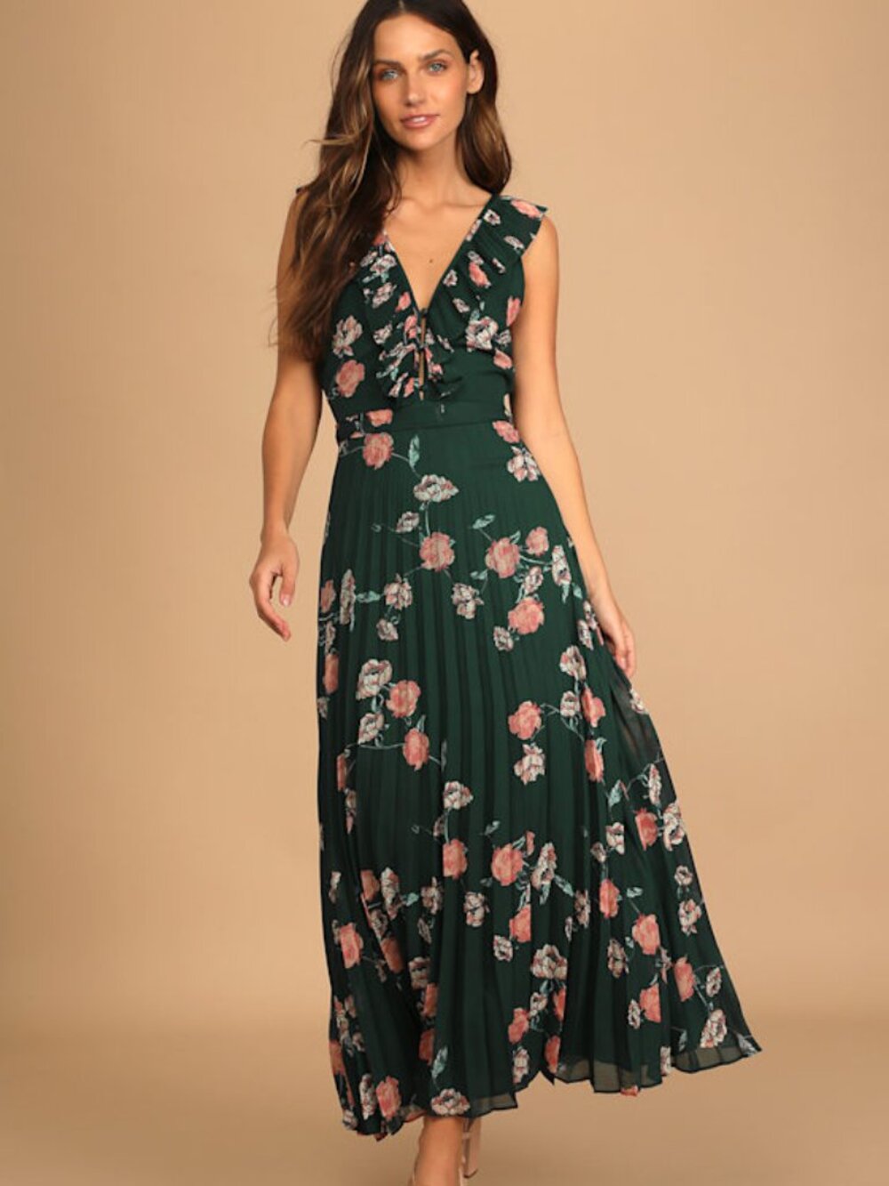 Lulus Loved By You Dark Green Floral Print Pleated Chiffon Maxi Dress - Size L - Picture 1 of 8